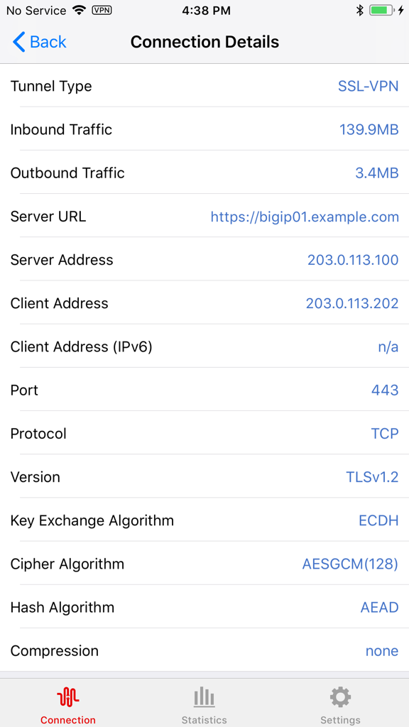 F5 Access Legacy - Interface of F5 Access Legacy app showing technical VPN connection details such as tunnel type, server address, and encryption algorithms