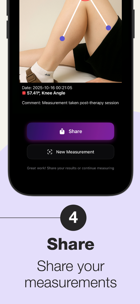 Angulus Pro - Precision Angle - Tela do aplicativo móvel mostrando uma medição de ângulo de joelho de 57,41 graus com opções para compartilhar ou fazer uma nova medição