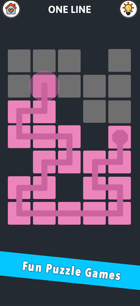 A minimalist mini game called One Line where a pink path connects squares on a grid.