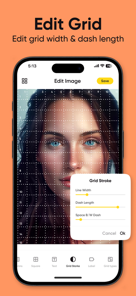 GridArt - Drawing Grid - Interface of the GridArt app showing options to edit grid line width and dash length over a portrait image.
