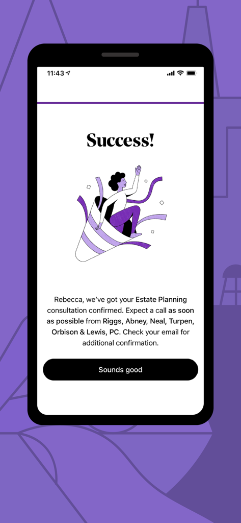 LegalShield app success screen confirming an estate planning consultation