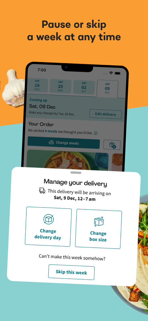 EveryPlate app screen showing options to pause, skip a week, or change delivery day