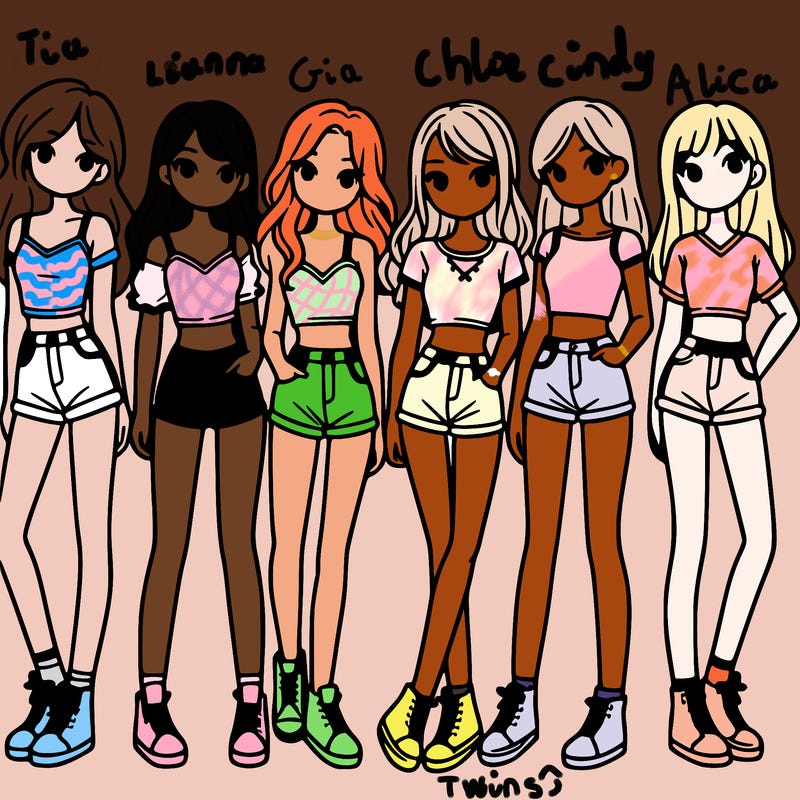 a group of girls wearing crop tops and shorts