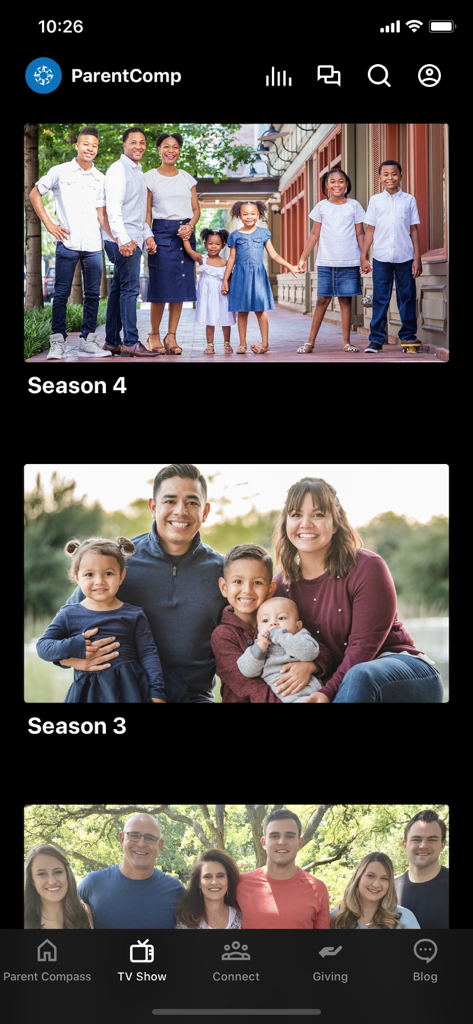 Parent Compass App - Parent Compass app screen showing a list of TV show seasons featuring diverse families in the thumbnails.