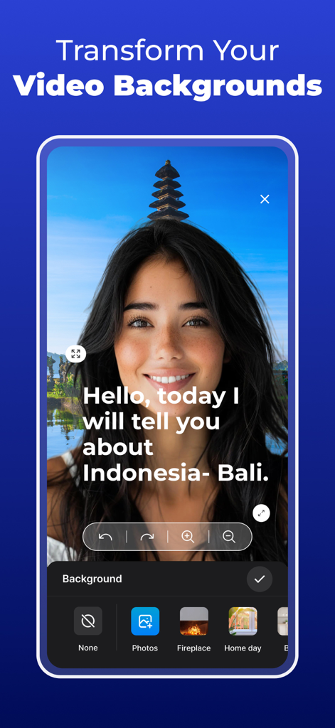 Teleprompter - VILO - VILO Teleprompter-Oberfläche, die die Funktion zur Umwandlung des Video-Hintergrunds mit einem tropischen Bali-Hintergrund zeigt.