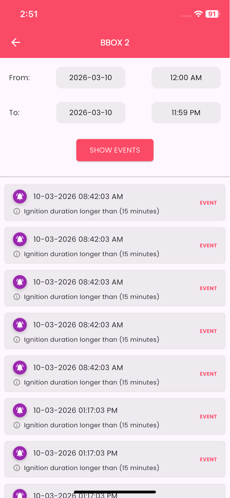 Shazcom Fiji - Interfaz de la aplicación móvil Shazcom Fiji que muestra una lista de alertas de duración de ignición de vehículos y registros de eventos de flota.