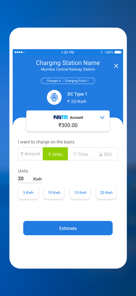 Tata Power EZ Charge - Bildschirm der App Tata Power EZ Charge zur Auswahl von Ladeeinheiten und Anzeige von Zahlungsoptionen.