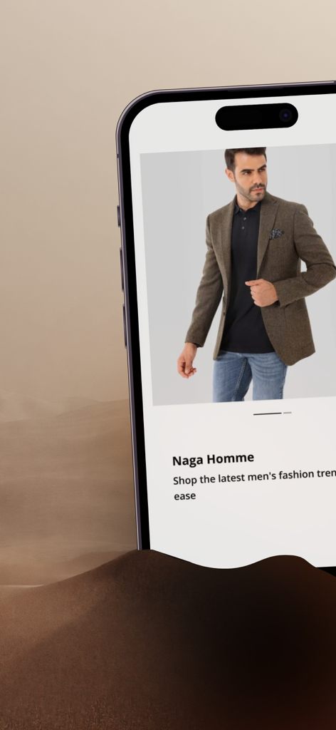 Naga Homme - A smartphone displaying the Naga Homme app interface with a man wearing a smart casual brown blazer and polo shirt.