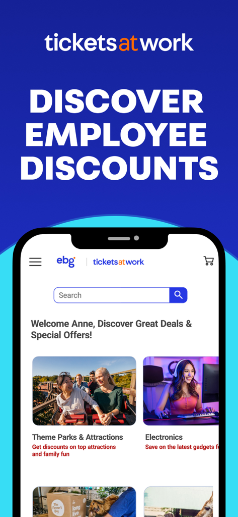 TicketsatWork: Employee Perks - TicketsatWork app interface featuring exclusive employee discounts for theme parks and electronics