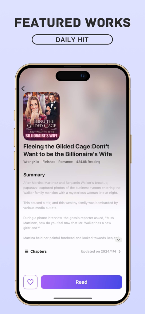 Pup Leer - Romance Novels - Pup Leerアプリのスクリーンショットで、Fleeing the Gilded Cageというタイトルの注目のロマンス小説の詳細と概要が表示されています