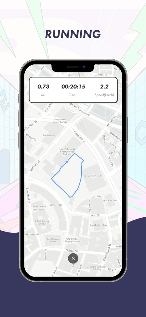 Interface utilisateur de l'application STEPN affichant un itinéraire de course GPS sur une carte avec des données de distance et de temps