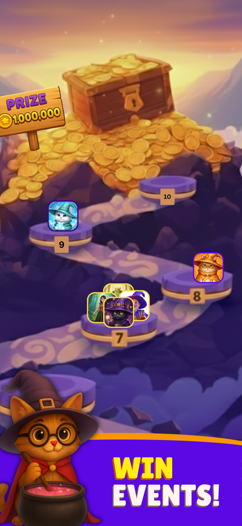 Magic Sort: Water Sort Puzzle - Magic Sort-Gewinnereignisse-Bildschirm mit Katzen-Zauberer und Schatzkistenpreis