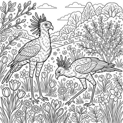 Immerse yourself in the beauty of nature with this exquisite coloring page featuring two elegant Secretarybirds in a lush spring setting. Perfect for bird lovers and those who cherish the fresh vibrancy of springtime.