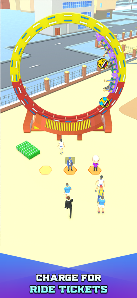 Bus Arrival Theme Park Games - A circular theme park ride with visitors queuing for tickets in an idle tycoon game