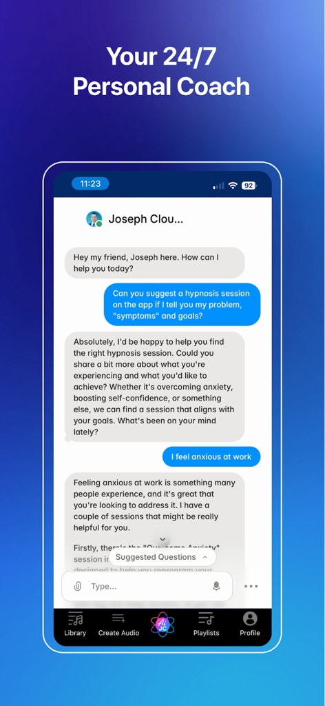 Hypnosis with Joseph Clough - Chat interface of the AI Joseph Clough personal coach offering hypnosis session suggestions