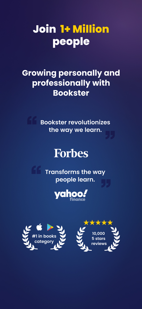 Bookster: Books in 15 Minutes - Promotional screen for Bookster app highlighting press quotes from Forbes and Yahoo Finance along with high user ratings