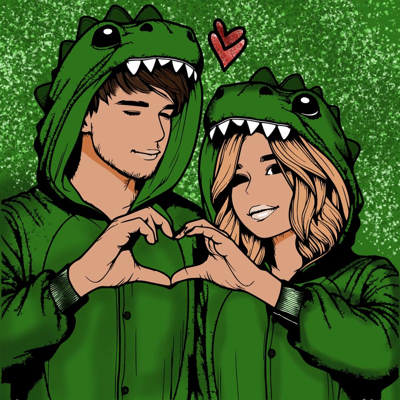 realistic couple wearing matching dinosaur onesies with heart hand gesture