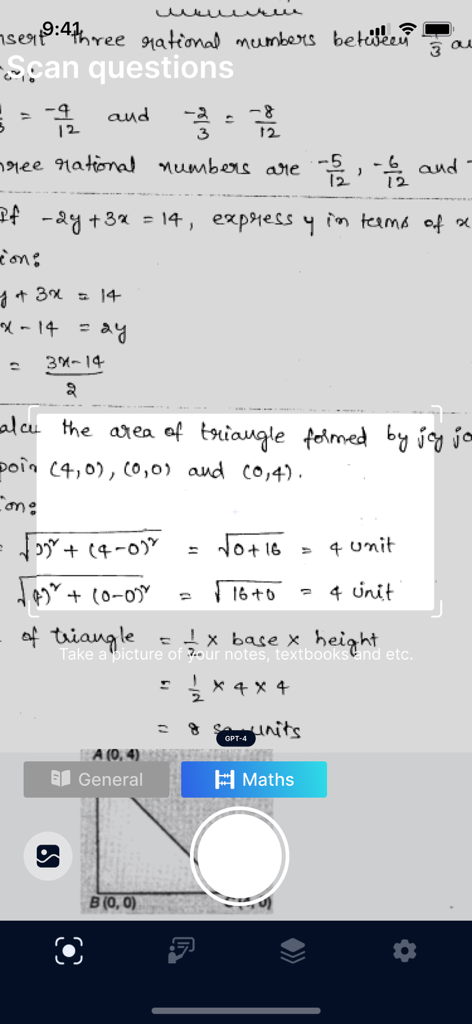 Camera interface of Answer AI app scanning a handwritten math problem on paper for a step-by-step solution.