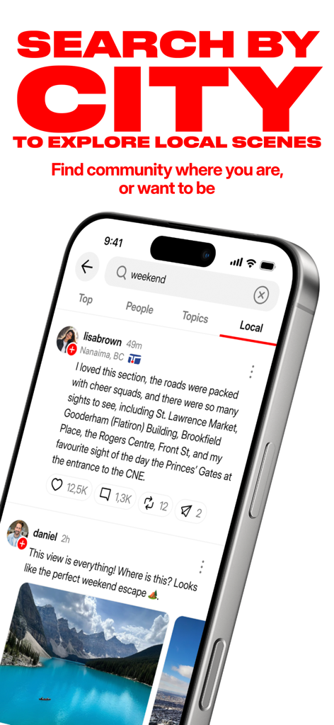 EH! - Canada's Social Network - Un smartphone mostrando la pantalla de búsqueda de la aplicación EH! para explorar escenas locales canadienses y publicaciones de la comunidad.