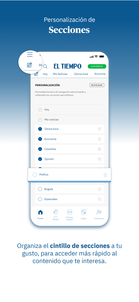 Periódico EL TIEMPO - Noticias - El Tiempo app screen for personalizing news sections