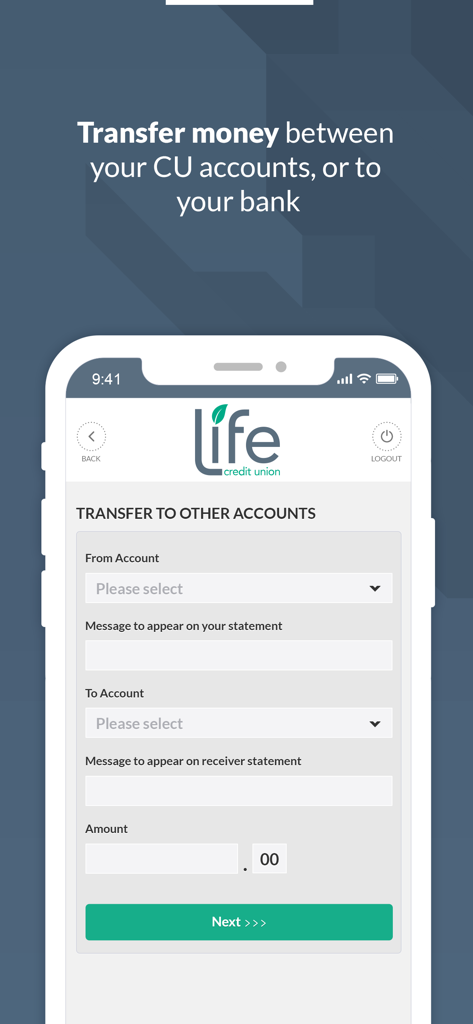 Life Credit Union mobile app screen for transferring money between accounts.