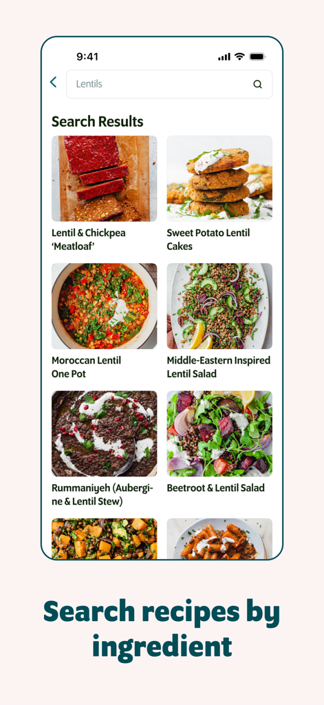 Interface de l'application SO VEGAN montrant les résultats de recherche de recettes de lentilles avec une photographie culinaire de haute qualité