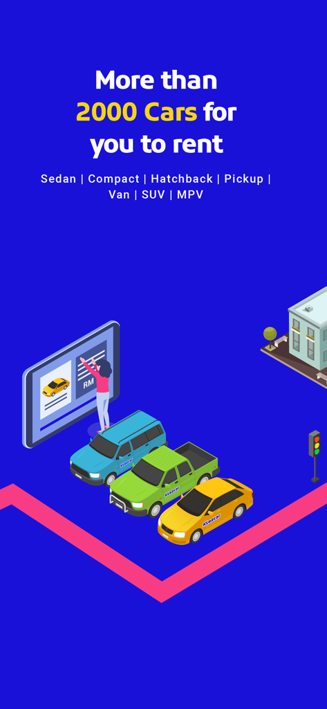 다양한 차량 모델에 걸쳐 말레이시아에서 제공되는 2000대 이상의 렌터카 옵션을 보여주는 그래픽