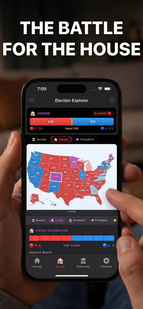 Election Explorer: 2026 Map - A person using a smartphone to view a US House of Representatives election prediction map