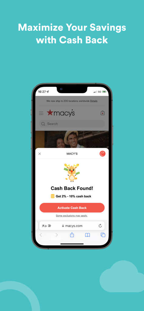 iPhone displaying Coupert Lite Safari extension notification for cash back rewards at Macy's.