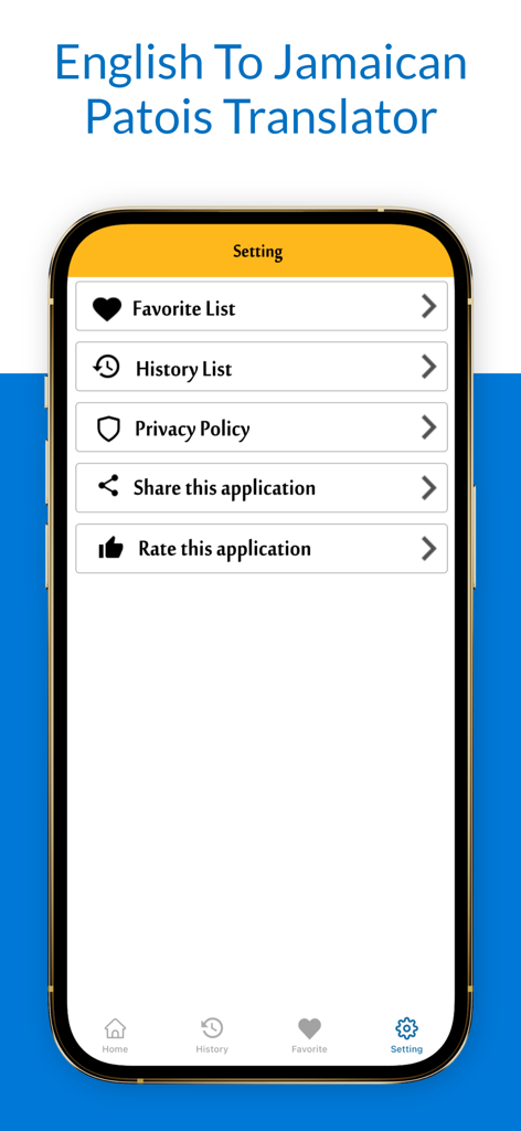 Settings menu of the English to Jamaican Patois translator app showing options for favorites and history.