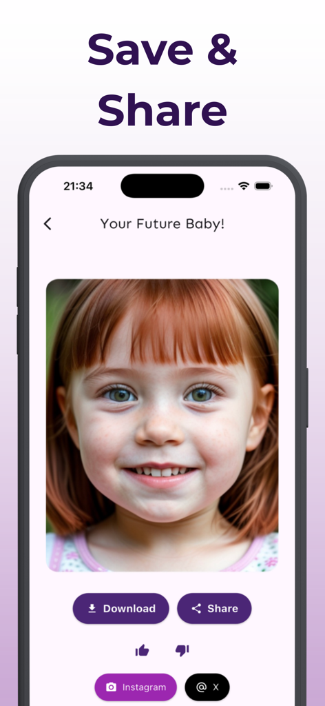 Future Baby AI Generator - Screenshot of the Future Baby AI Generator app showing an AI generated baby face with options to save and share to social media