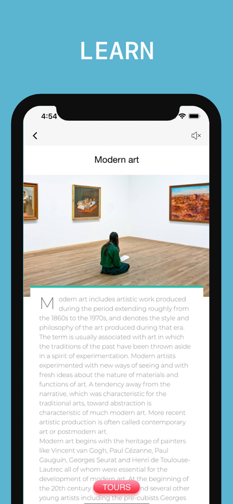 Tate Modern Visitor Guide - A mobile phone displaying a page about modern art from the Tate Modern Visitor Guide app.