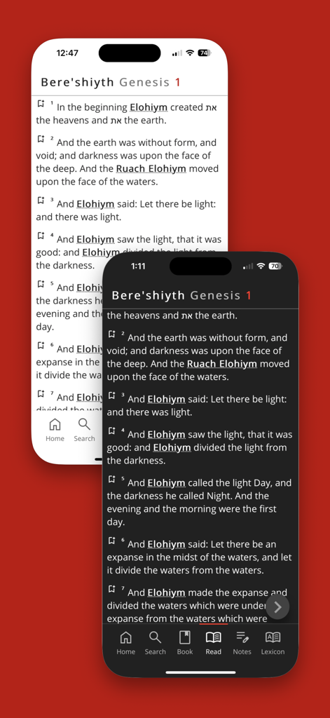Cepher - Cepher app display of Genesis chapter one in both light and dark mode with transliterated Hebrew names