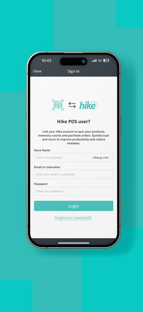Inventory Scan by Hike - Login screen for Hike POS users on the Inventory Scan app