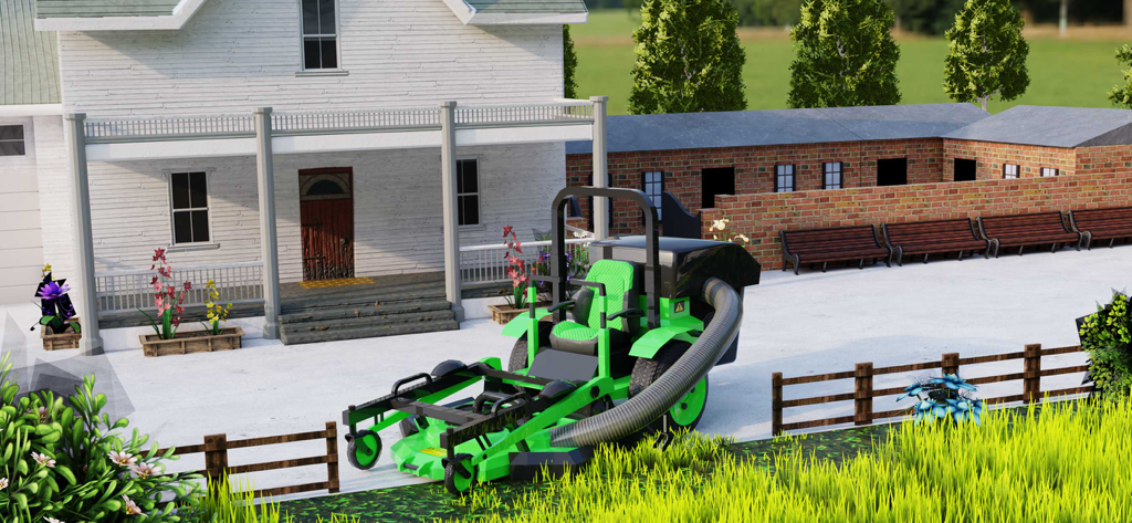 Grass Cutting Game - A green riding lawn mower parked in front of a white suburban house in a landscaping simulation game