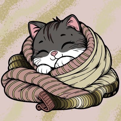 realistic cozy cat in a blanket