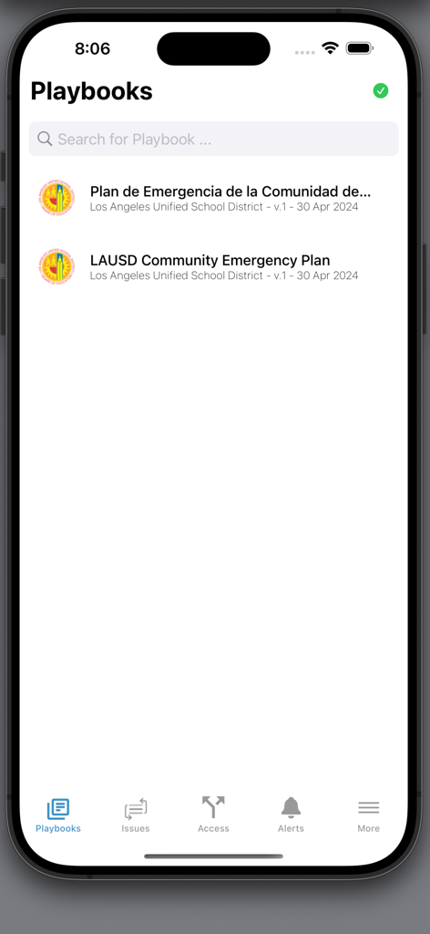 LAUSD EM - List of LAUSD emergency playbooks in English and Spanish on a mobile device.