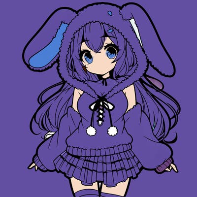 pretty anime girl wearing a fluffy hoodie with bunny ears on the hood and a skirt