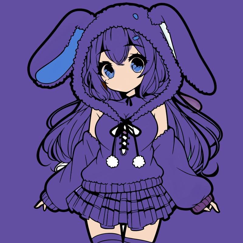 pretty anime girl wearing a fluffy hoodie with bunny ears on the hood and a skirt