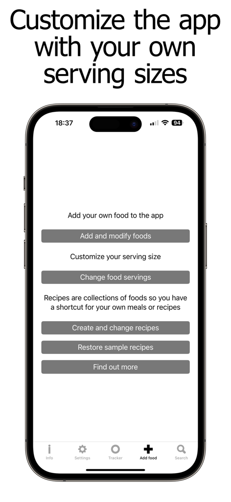 Vitamin K Counter app screen showing options to add custom foods and modify serving sizes