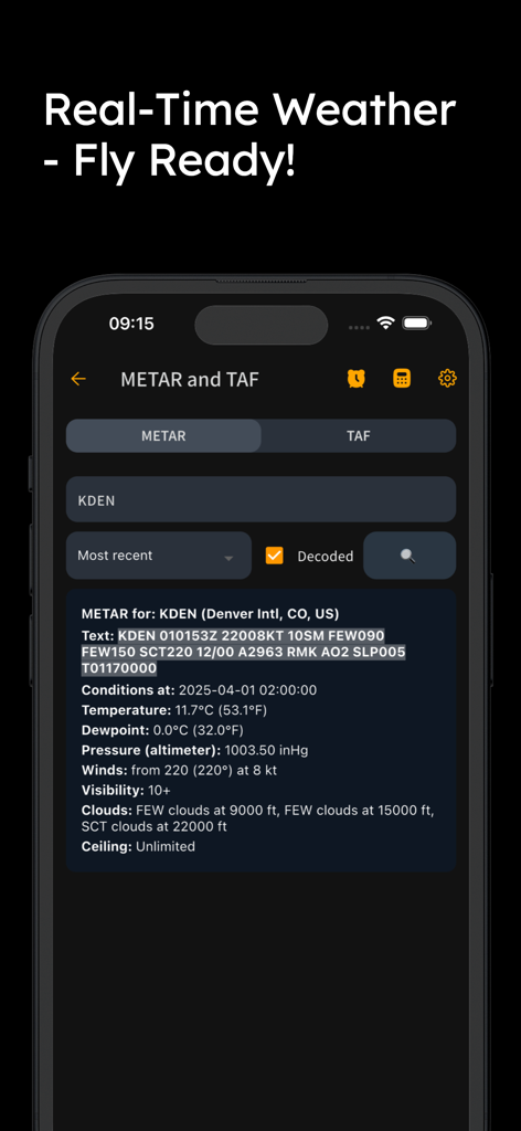 E6B+ E6B Flight Calculator - E6B Flight Calculator app interface displaying decoded METAR and TAF weather reports for Denver International Airport