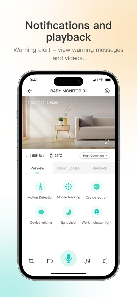 CamVigil app baby monitor screen showing live view and cry detection alerts