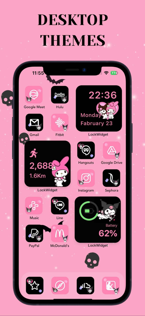 LockWidget - LockScreen Themes - A pink aesthetic iPhone home screen featuring custom character widgets and matching app icons.