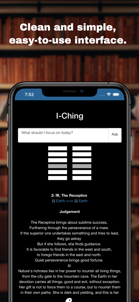 I-Ching App of Changes - Minimalist I-Ching app screen displaying a hexagram reading for The Receptive