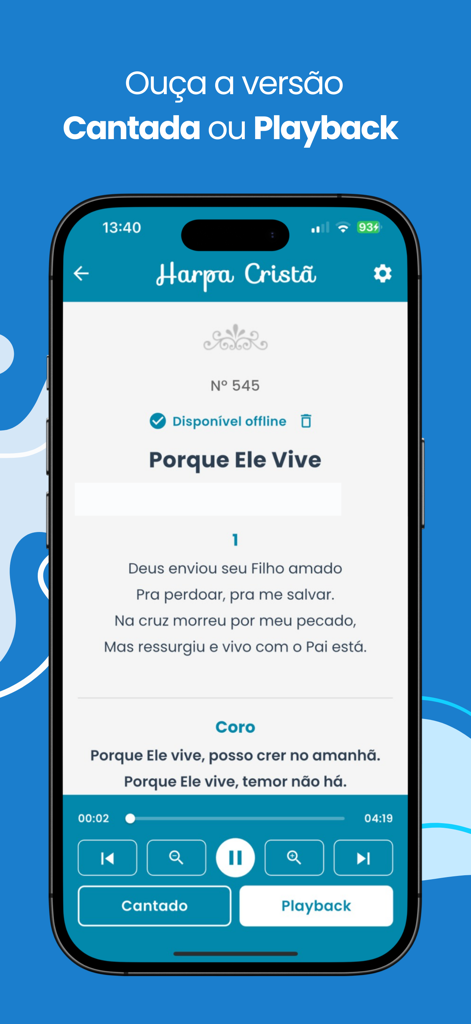 Harpa Cristã: Áudio e Playback - Uma tela de smartphone exibindo a letra de um hino no aplicativo Harpa Cristã com controles de reprodução de áudio.
