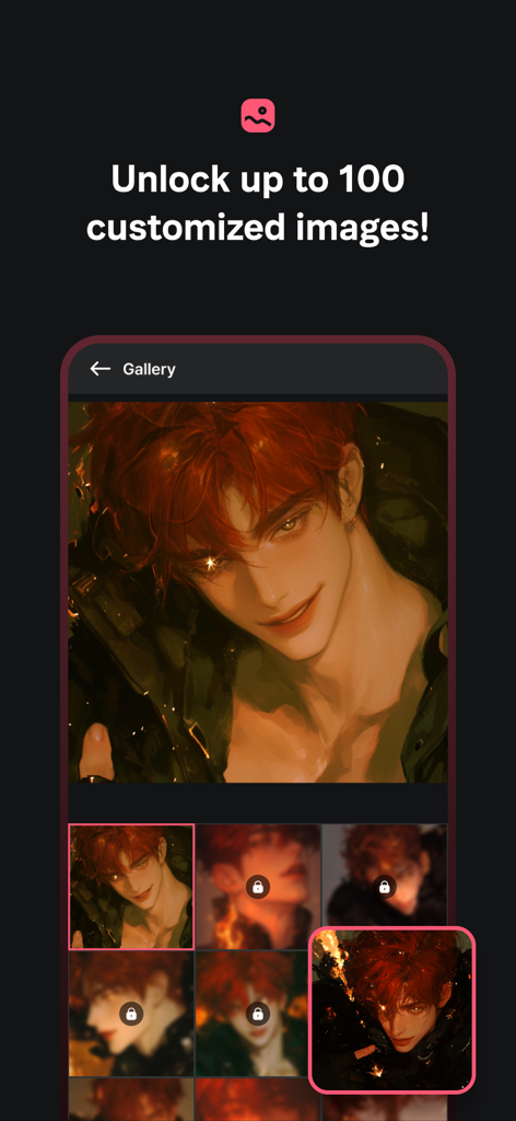 Screenshot of TingleChat app showing a gallery of customized anime character images with the text Unlock up to 100 customized images.