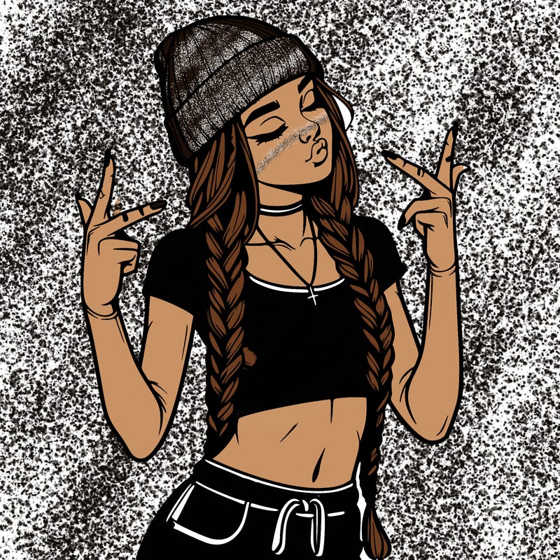 realistic teenage girl with braids and a beanie and crop top doing 🫶🏼