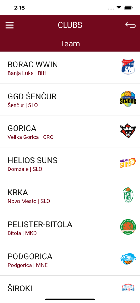 ABA League - ABAリーグアプリのモバイル画面。チーム名、ロゴ、本拠地を含むバスケットボールクラブのリストが表示されています。