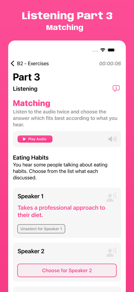 Schermata di pratica di abbinamento per l'ascolto parte 3 dell'esame Cambridge B2