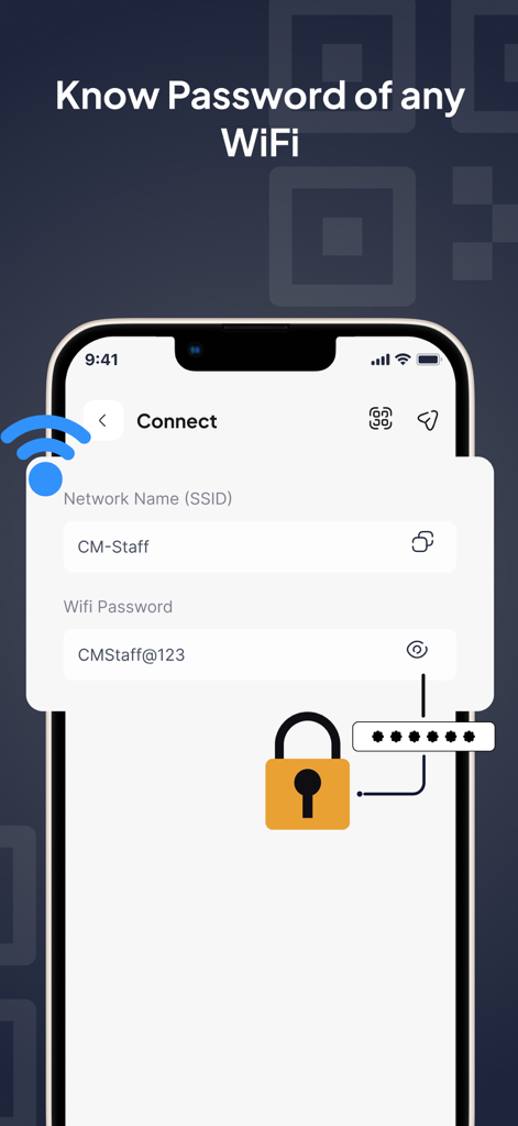 Screenshot of the WiFi QR Code app showing a WiFi password and network name